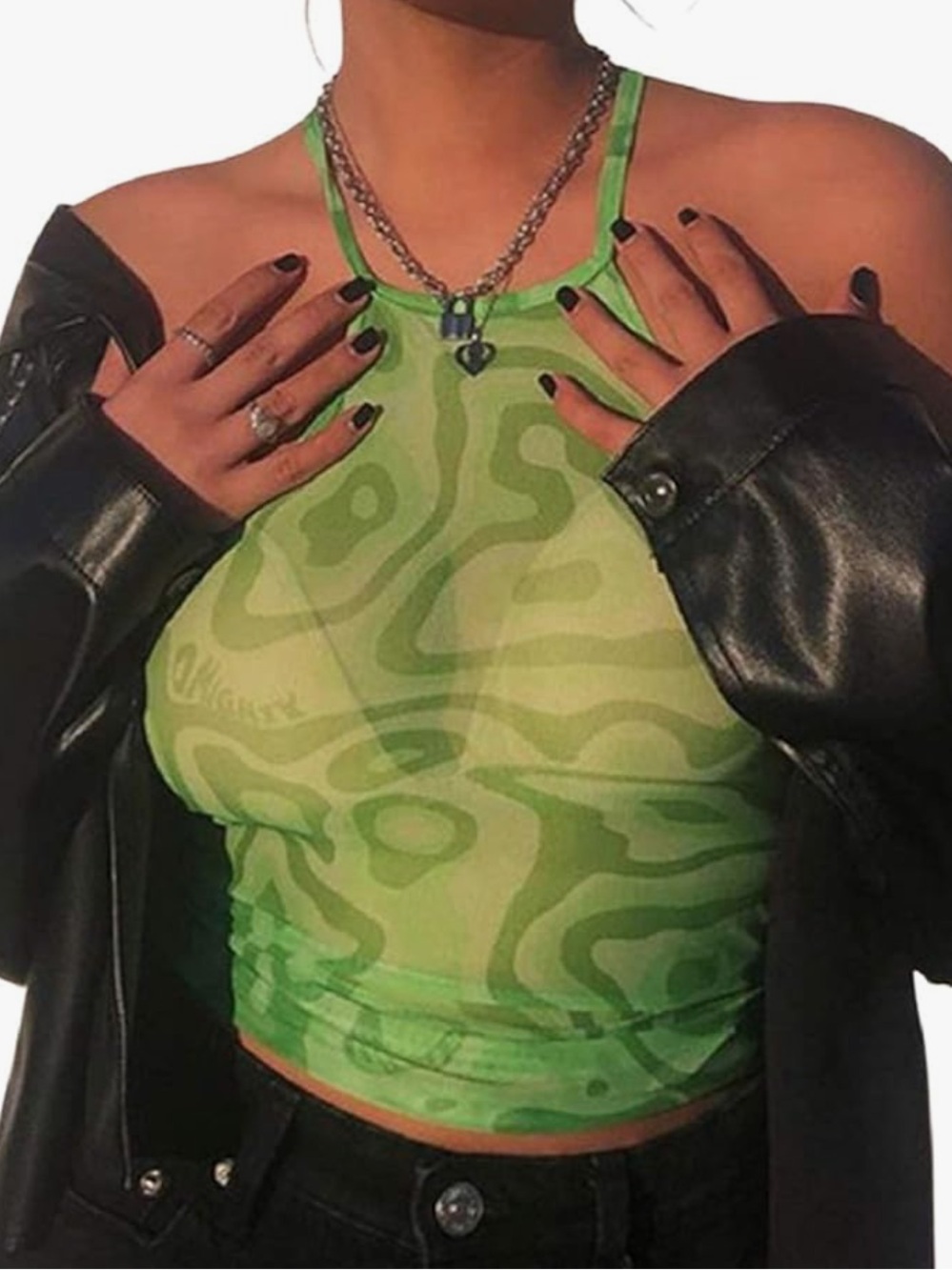 Green Abstract Print Sheet Halter Crop Tank Top